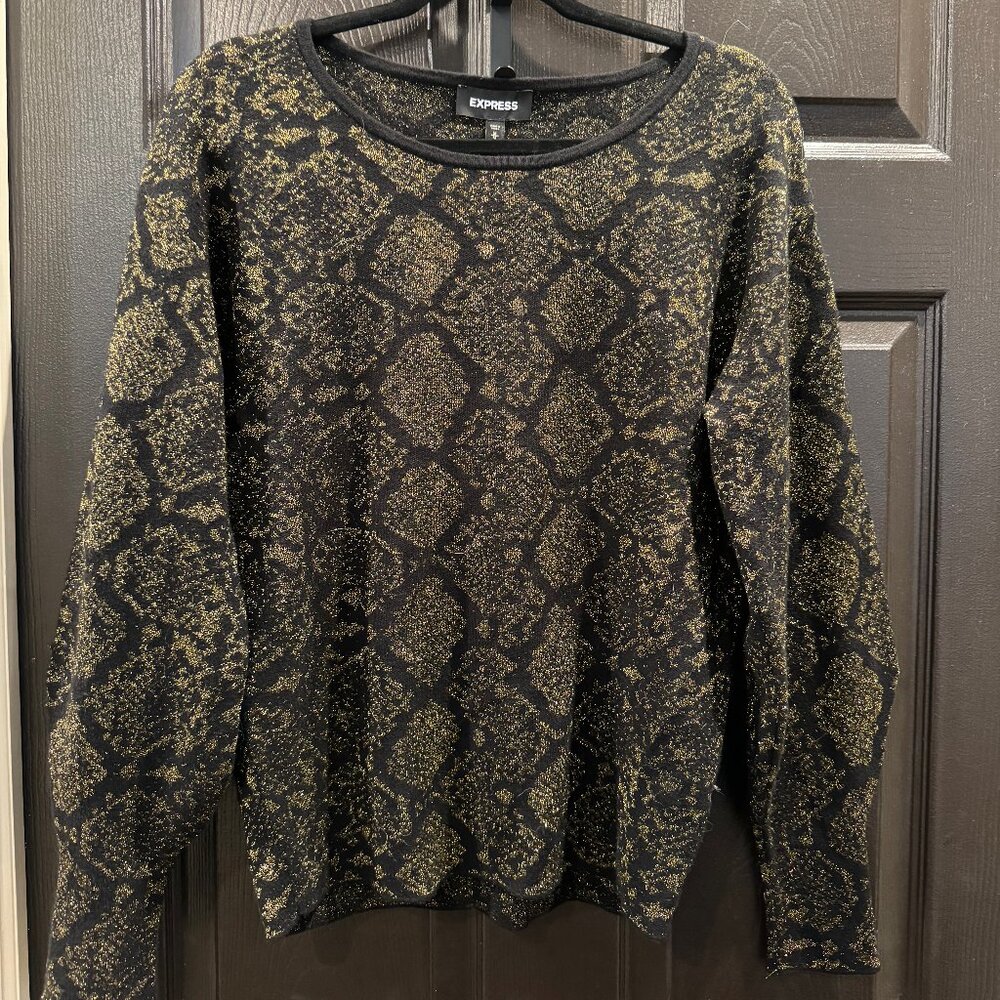 NWT - Express - M- Black & Gold - Snake Print - Scoop - Balloon Sleeve Sweater